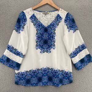 Figueroa & Flower Top Womens Medium Ivory Blue Paisley Lace 3/4 Sleeve Blouse*